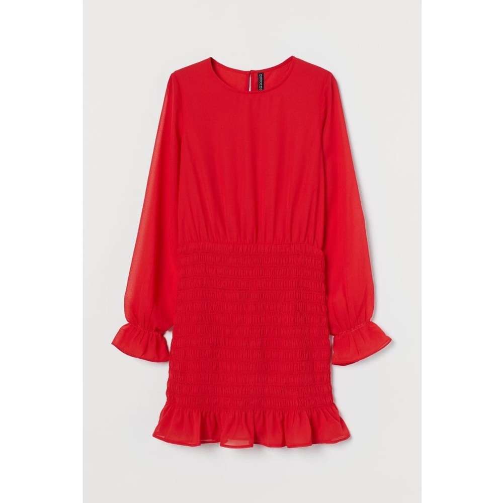 H&M Women's Long Sleeve Smocking-detail Dress